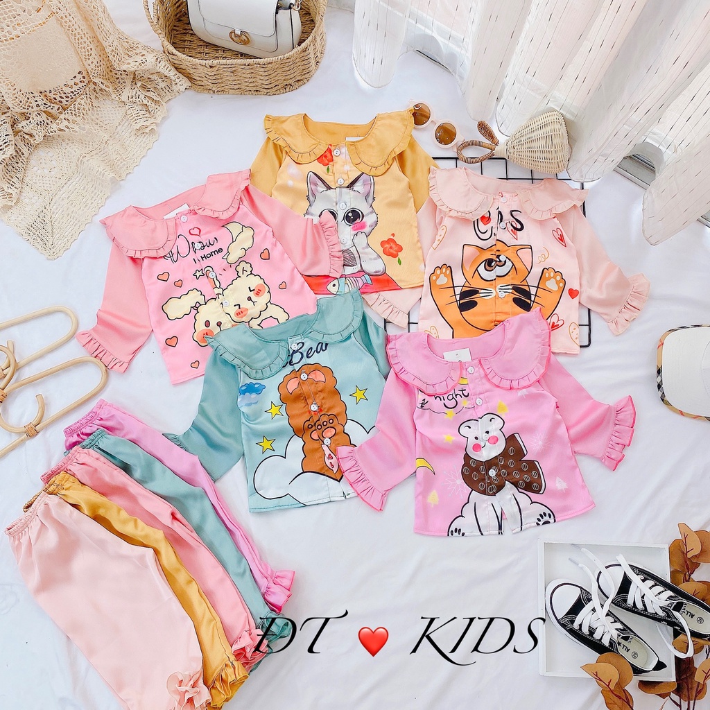Đồ Bộ Pijama - đồ ngủ dài tay dễ thương cho bé gái, chất lụa cao cấp ( size 1-7 )
