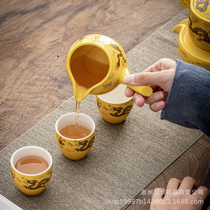 Bộ Ấm Chén Pha Trà Cối Xay - Xanh Đen Vàng  kèm hộp quà tặng.