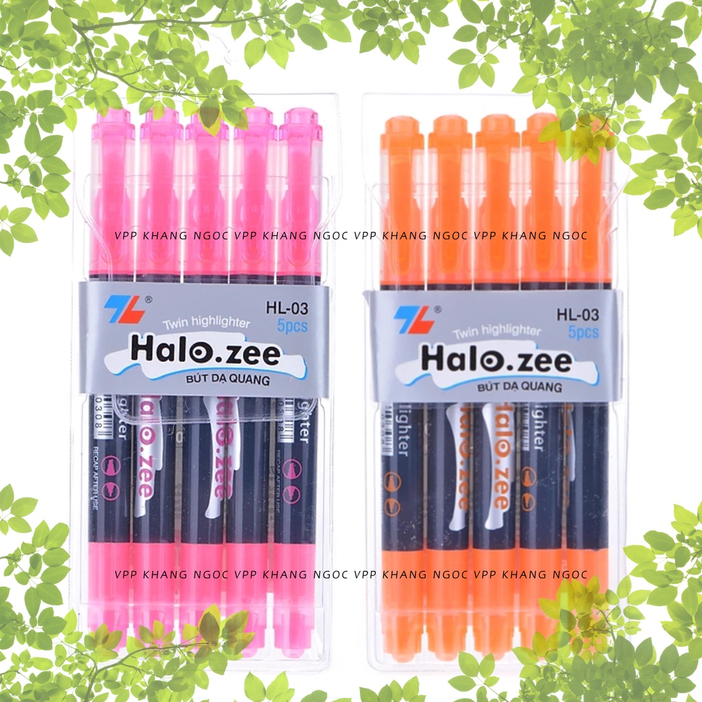 Vỉ 5 Bút Dạ Quang 2 Đầu Halo-zee HL03 Màu Vàng, Xanh Lá, Xanh Dương, Hồng, Cam