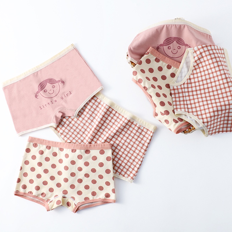 Set 3 quần lót SANITKUN cotton thoáng khí in họa tiết chấm bi kẻ ô và hoạt hình dành cho bé gái