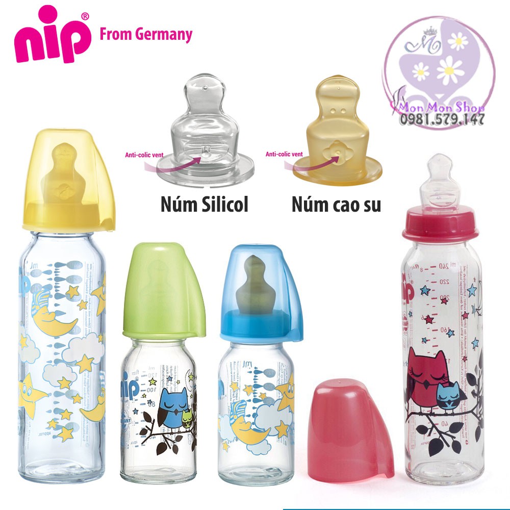 Bình sữa thủy tinh NIP cổ thường/ cổ hẹp tiêu chuẩn 125ml / 250ml, núm ty chỉnh nha, chống sặc (sản xuất Đức))