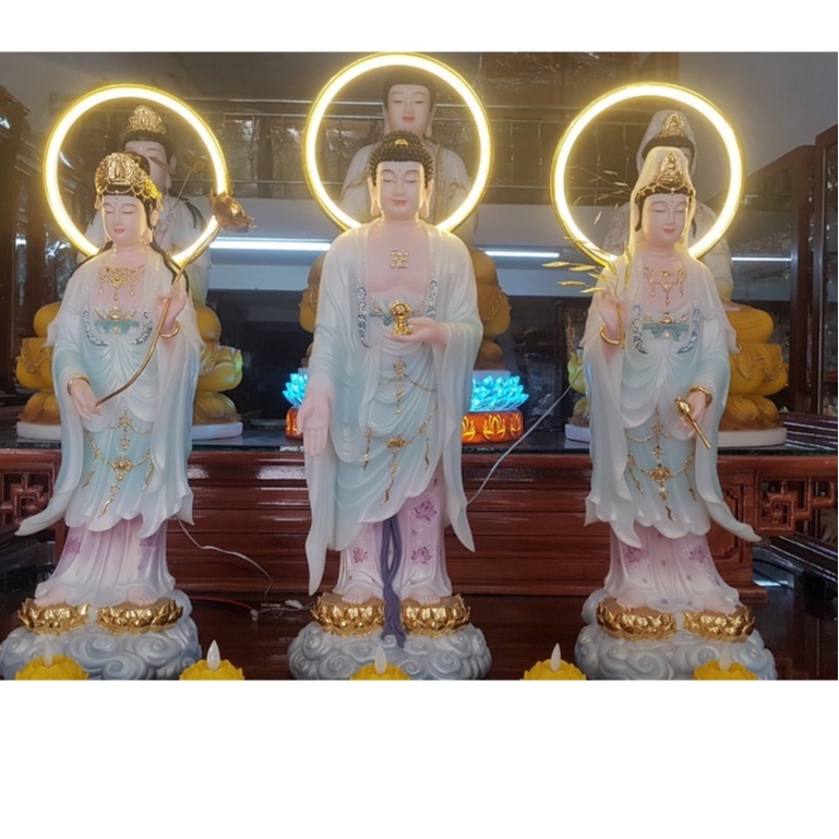 Tượng tam thế Phật siêu phẩm bằng đá cực sắc nét, hào quang đồng sang trọng !!!