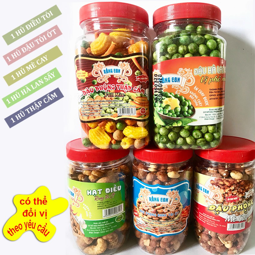 Combo 5 Hủ Kết Hợp: Mít Sấy 90gram + Đậu Phộng Tỏi 210gram + Đậu Hà Lan 220gram + Thập Cẩm 220gram + Đậu Da Cá 220gram