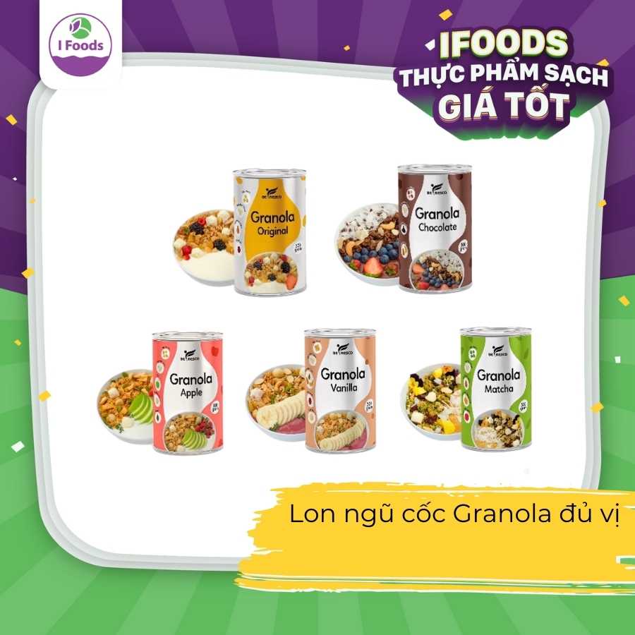 Lon ngũ cốc Granola dinh dưỡng, ăn kiêng, giảm cân, eatclean 5 vị Beresco [HÀNG CHÍNH HÃNG]