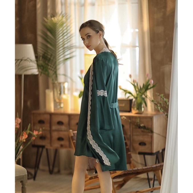 [Cao Cấp] Set Choàng + Đầm Phi Lụa Satin Ít Nhăn Viền Ren Tròn Chất Liệu Mềm Mại Mát