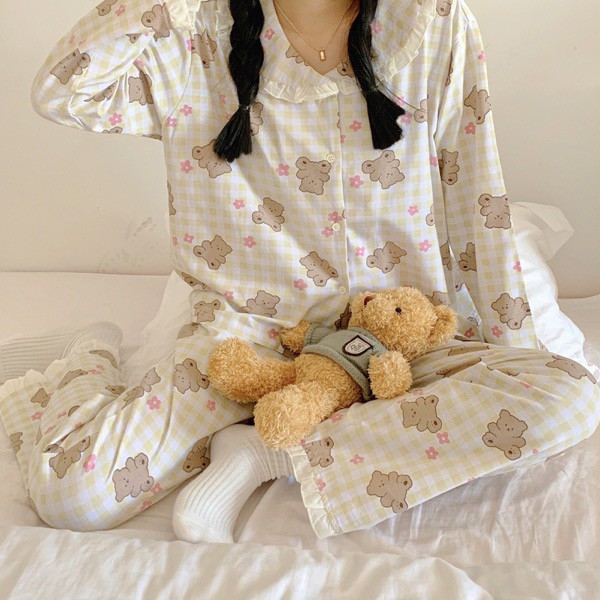 Bộ ngủ pijama dài tay thu đông viền bèo hình gấu dễ thương vải cotton