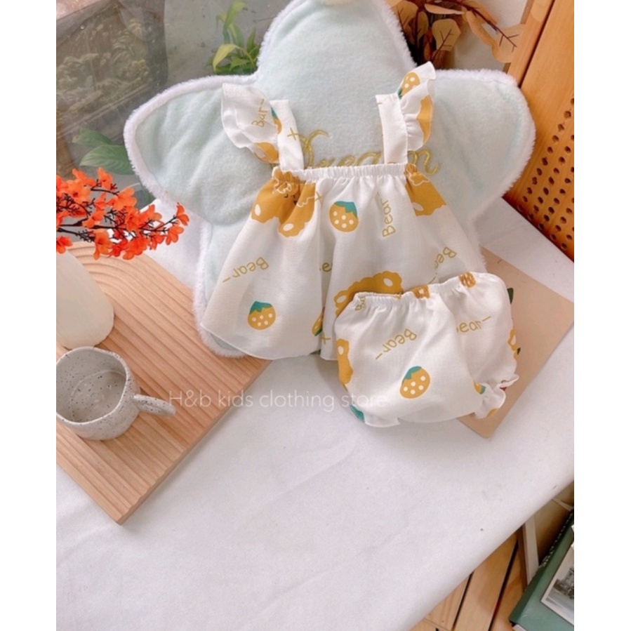 Bộ đồ hai dây cánh tiên vải đũi xốp họa tiết đáng yêu cho bé gái từ 6 – 16kg
