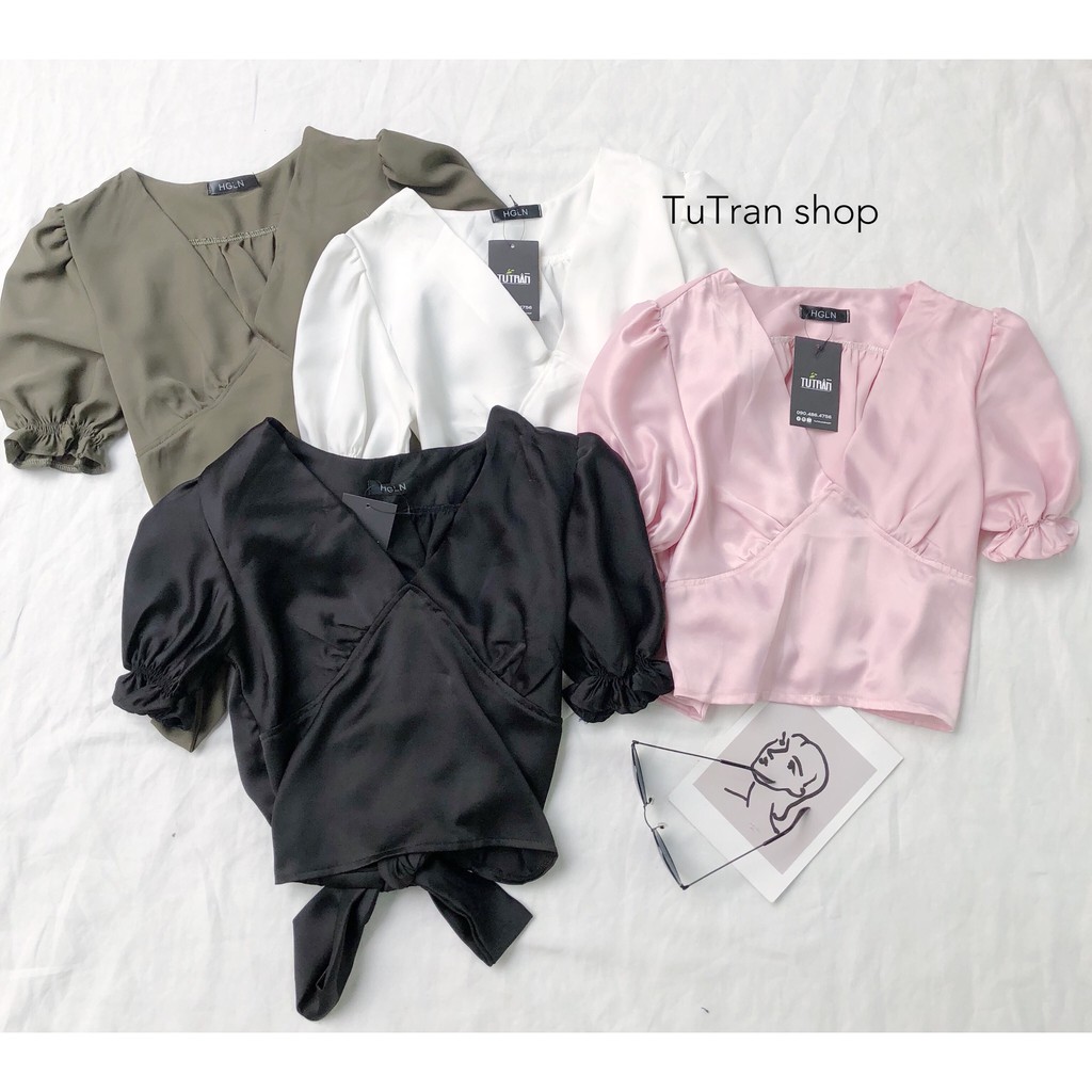 Áo croptop cổ V thắt nơ eo