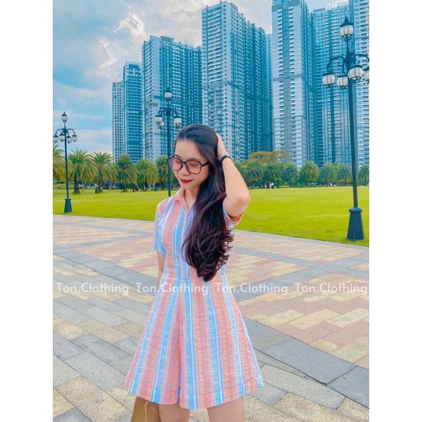 Jumpsuit nữ ngắn freesize Ton.Clothing hoạ tiết sọc dọc vải Linen mịn mát thiết kế tay ngắn màu sweet JUM001