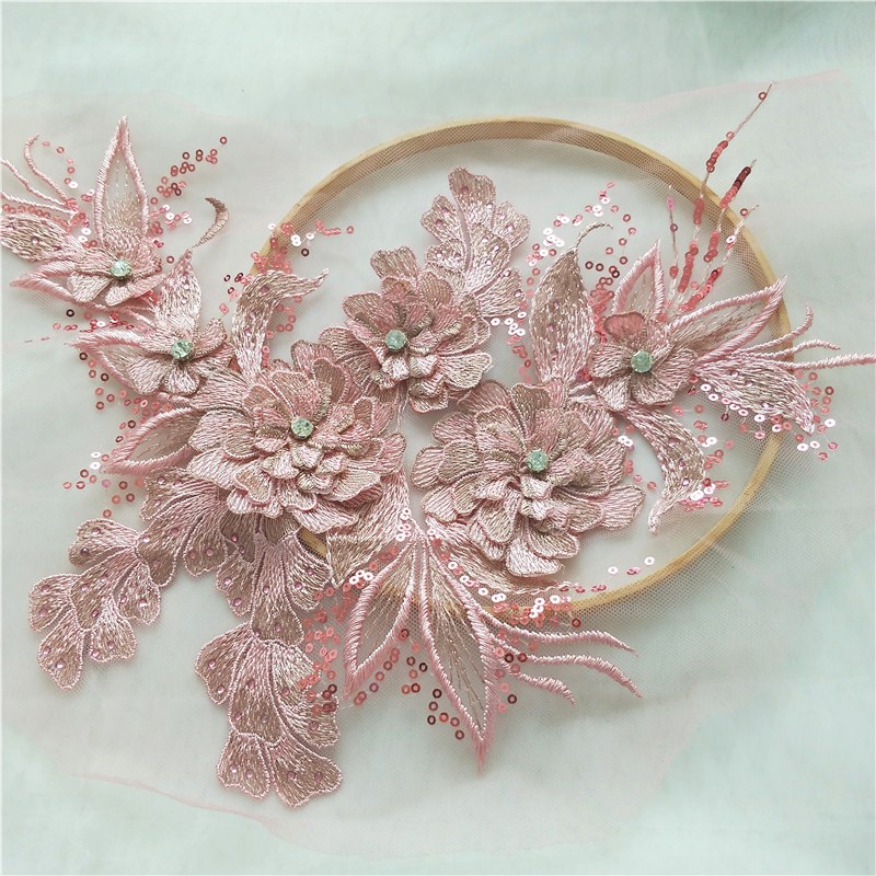 1 Miếng Vải Ren Hình Hoa Màu Xanh Lá / Hồng / Xanh Lá / Hồng Kích Thước 38 * 24CM Trang Trí Váy Cưới