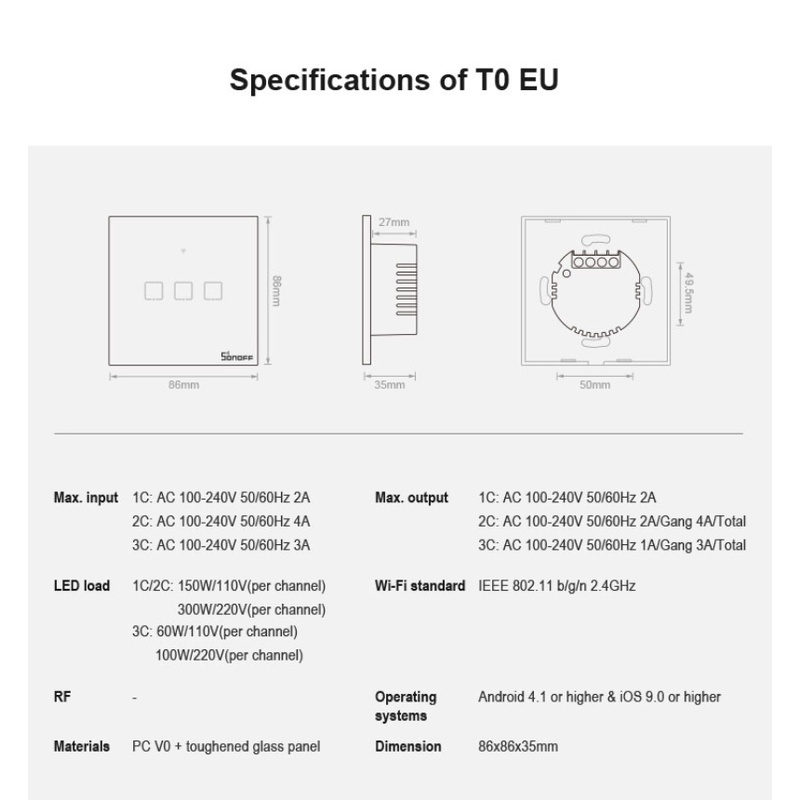 Có sẵn Thông Minh Chuyển Đổi SONOFF T03C-TX WIFI 3/ 2/ 1 Băng Đảng Thông Minh Bảng Điều Khiển T0 Trắng  COD