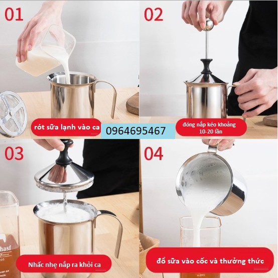 Ca đánh sữa lạnh latte 400ml - 800ml Ca đánh sữa inox 2 lớp lưới Ca tạo bọt sữa cầm tay (làm caphe bọt)