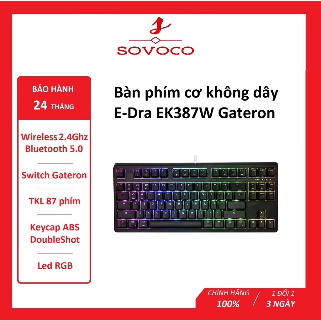 Bàn phím cơ không dây E-Dra EK387W Gateron  - Hàng chính hãng