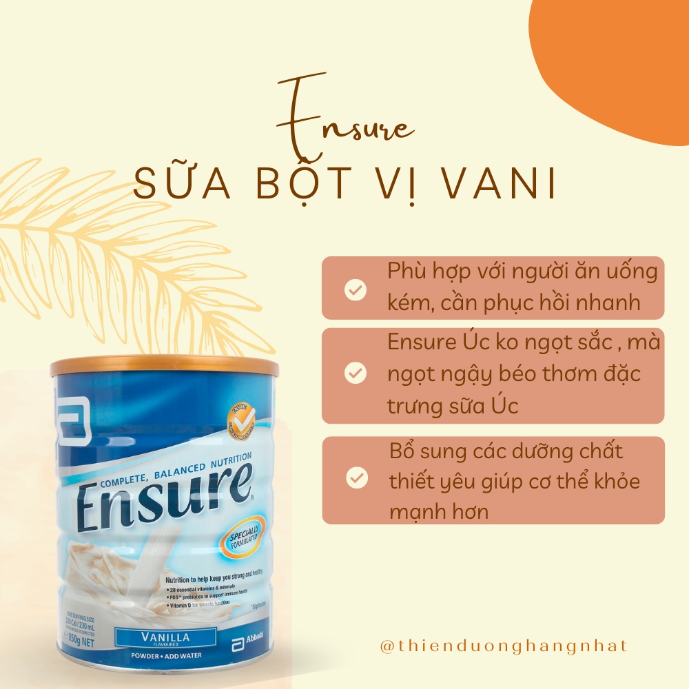 Sữa bột Ensure Úc vị vani 850g [Date T8/ 2024]