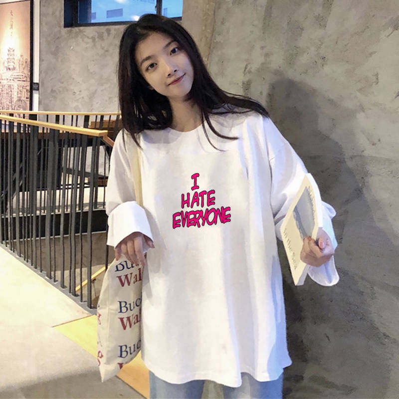 Áo Thun Cotton Tay Dài Dáng Suông Dễ Phối Đồ Thời Trang Phong Cách Hàn Quốc Cho Nữ