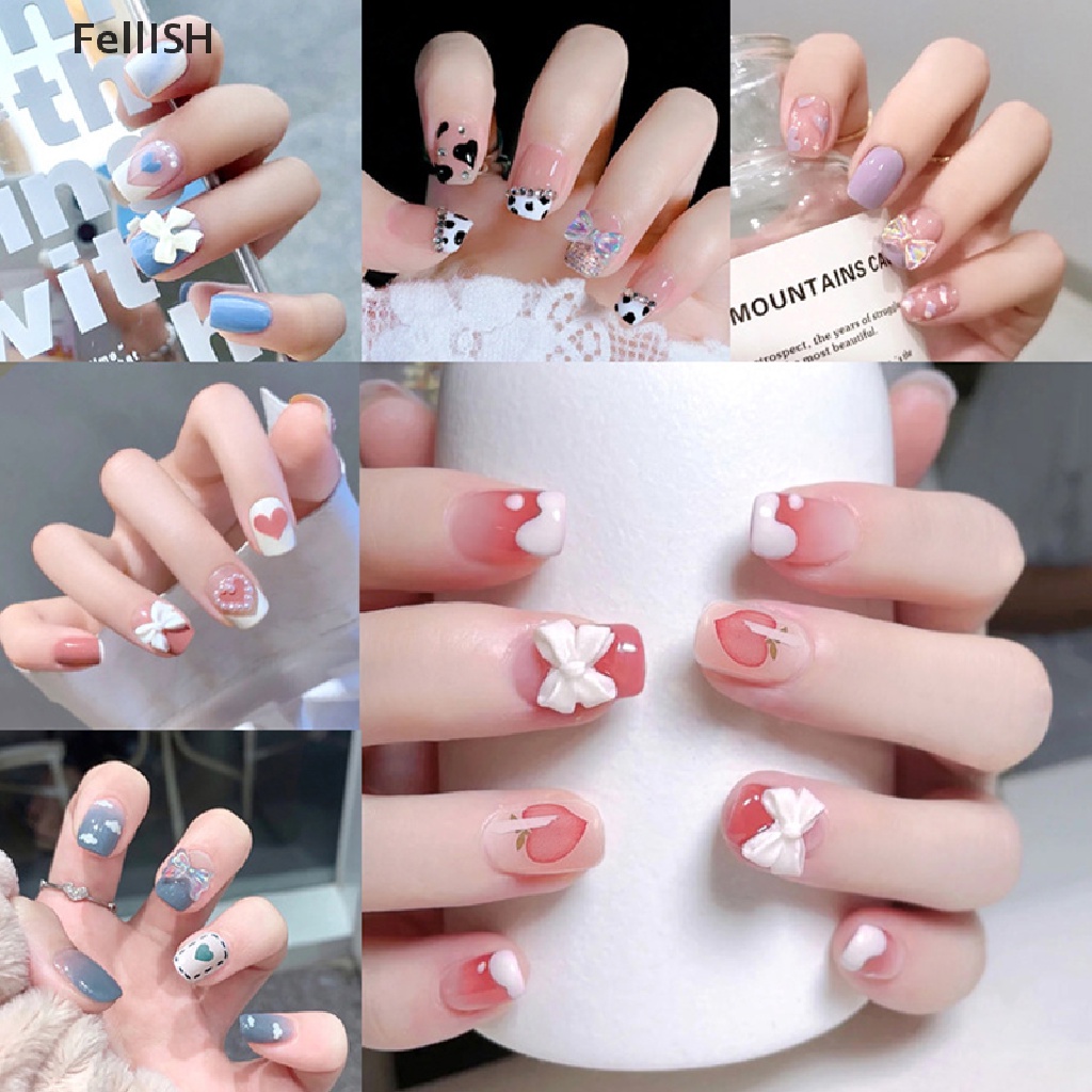 [Hàng mới về] Bộ móng tay giả trang trí đính đá ngắn kiểu Pháp mới
