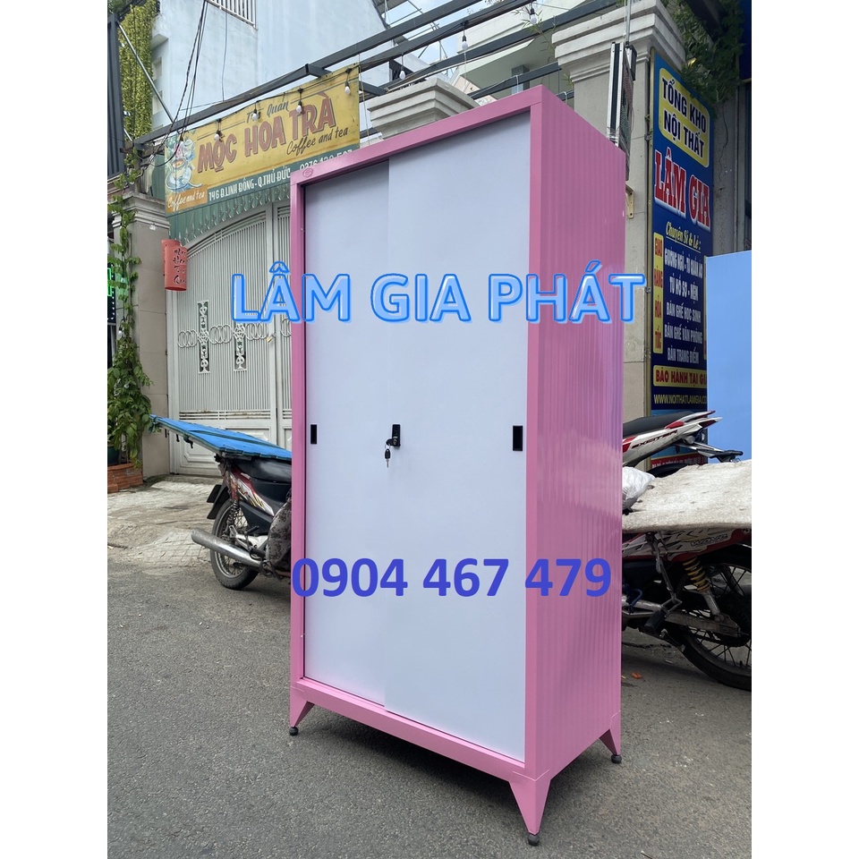 Tủ sắt cửa lùa 2 cánh sơn tĩnh điện màu hồng mới