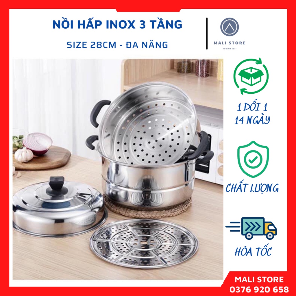 Nồi hấp INOX Đa Năng 3 Tầng 28cm Cao Cấp Dùng Cho Cả Bếp Từ Và Bếp Ga
