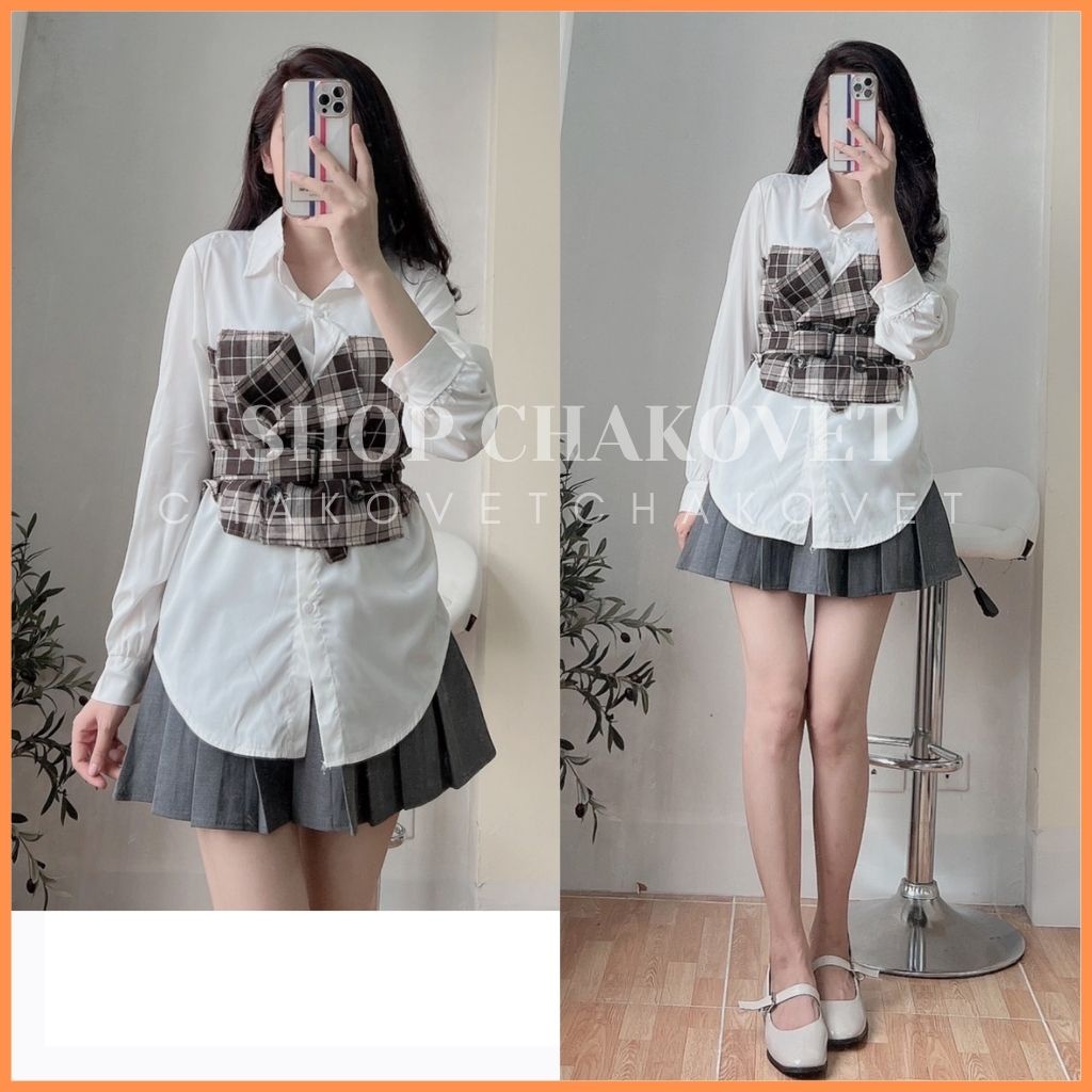 Áo sơ mi nữ dài tay tiểu thư A8224 Kiểu giả yêm kẻ caro kèm đai thắt eo siêu xinh freesize