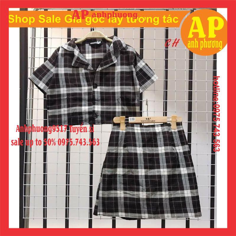 SET VÁY CHÂN VÁY KẺ SÉT ÁO VEST CROPTOP MIX CHÂN VÁY KẺ VINTAGE♥️ BỘ NỮ MẶC NHÀ PHONG CÁCH HÀN QUỐC