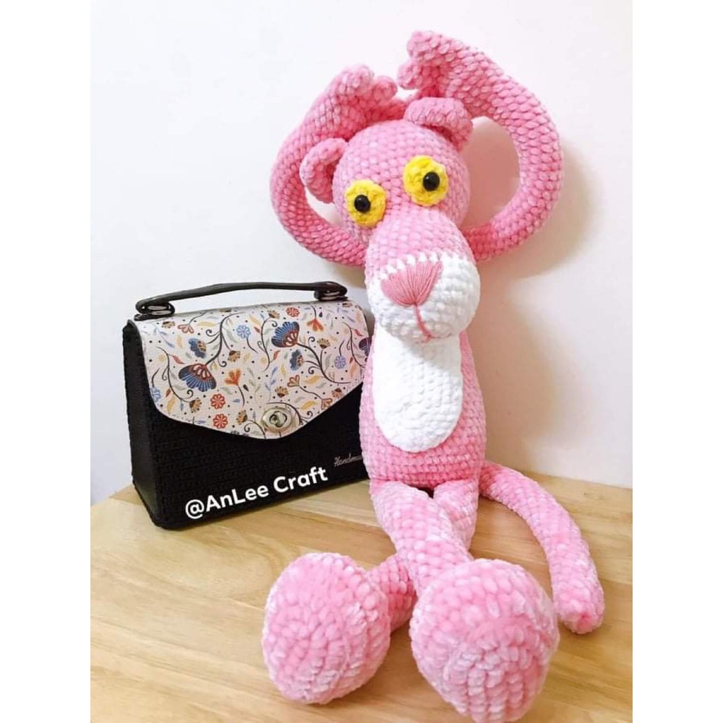 Set len móc thú diy - báo hồng pink panther