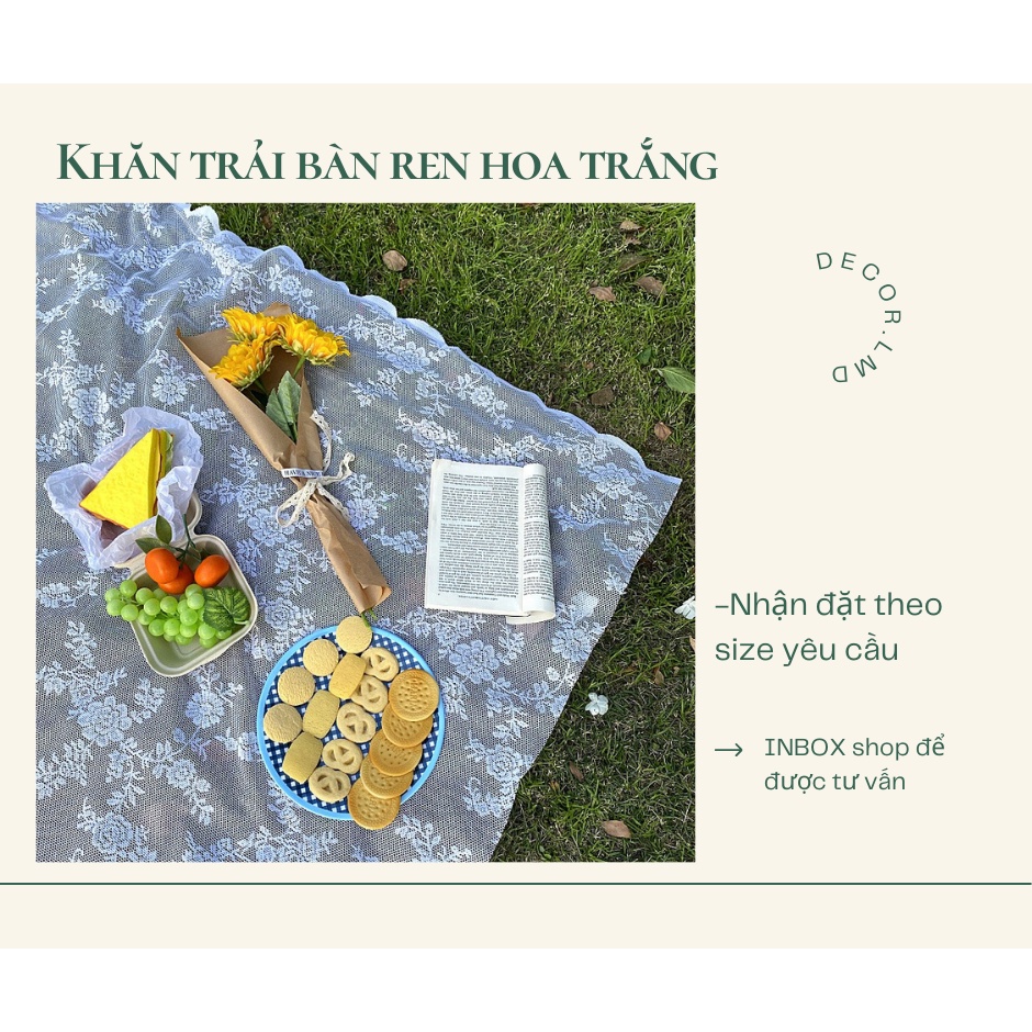 khăn trải bàn ren hoa trắng, khăn picnic, khăn nền chụp ảnh sản phẩm