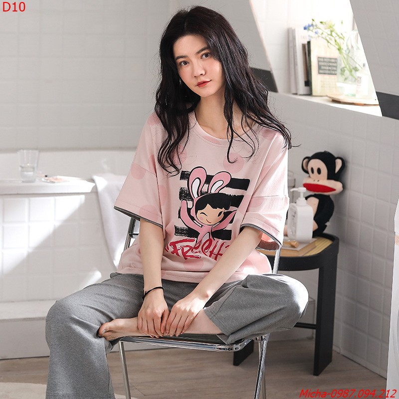 Bộ đồ nữ dáng lỡ áo hồng chấm bi quần xám - Micha D10