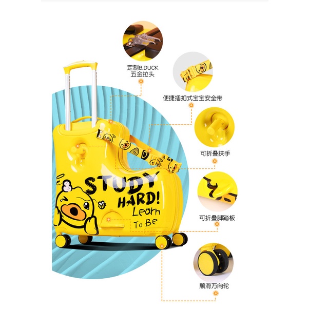 [Hàng Sẵn mới về] Vali Du lịch Vịt kéo B.duck  Study Hard Chính hãng kiêm xe ngồi cho bé