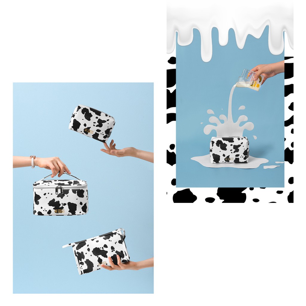Túi đựng mỹ phẩm chất liệu Da PU Chống thấm nước Họa tiết Bò Sữa hiện đại Túi đựng mĩ phẩm
