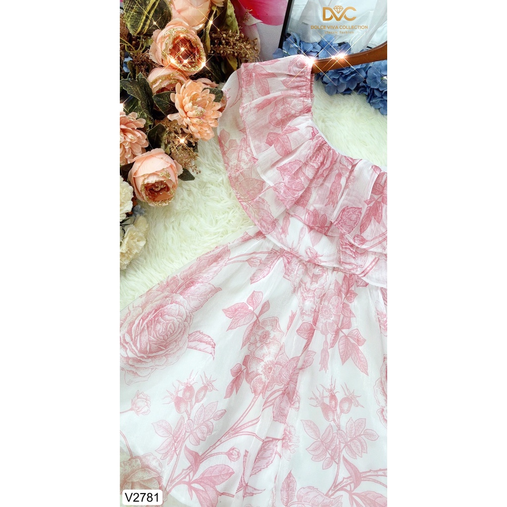 (KÈM VIDEO+ẢNH SÀN) VÁY HOA HỒNG XÒE TRỄ VAI V2781  - DOLCE VIVA COLLECTION