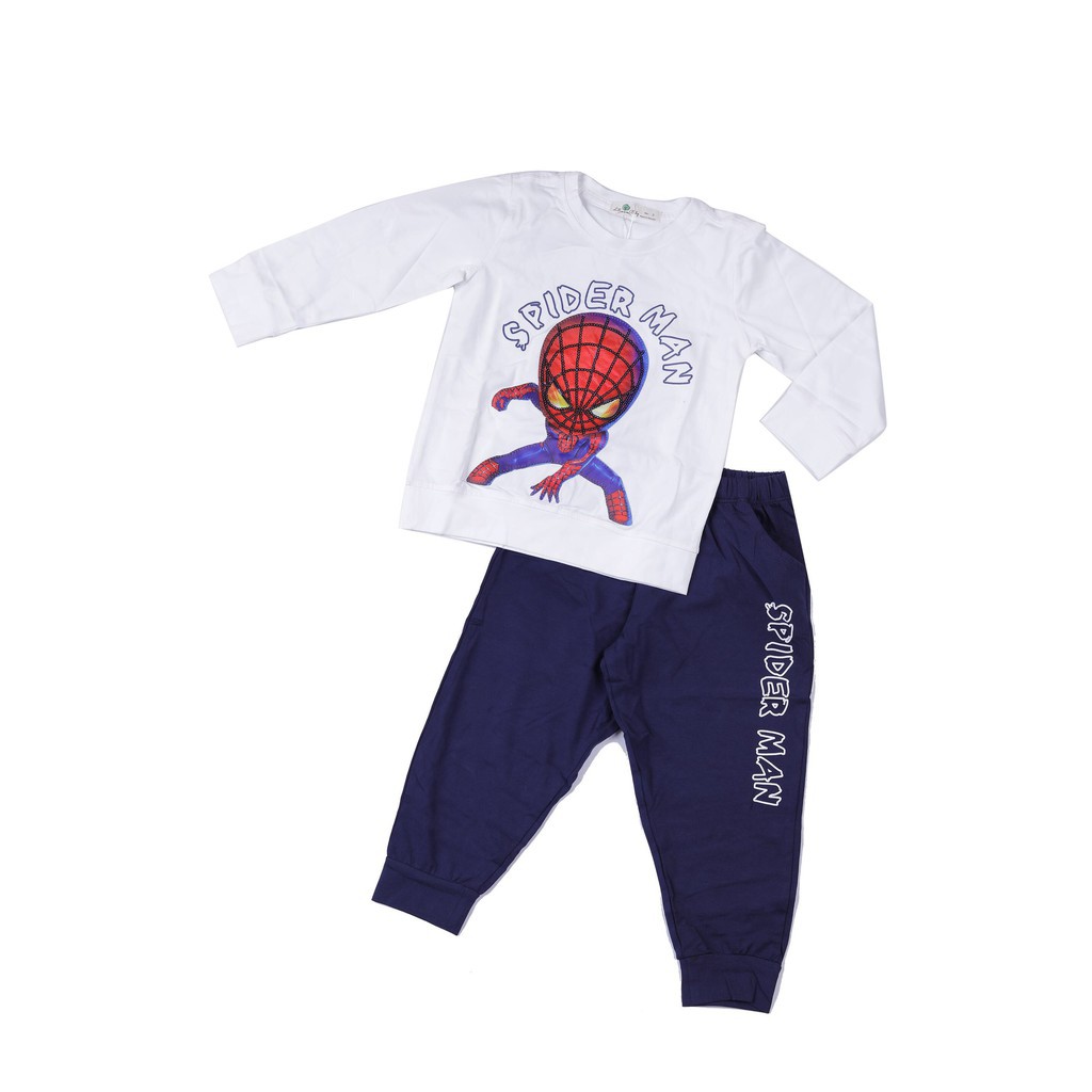 Bộ cotton thu đông bé trai dài hình Siêu nhân nhện đính kim sa size 3-10T, cho bạn từ 12-30kg. Chất cotton đẹp, đanh tay