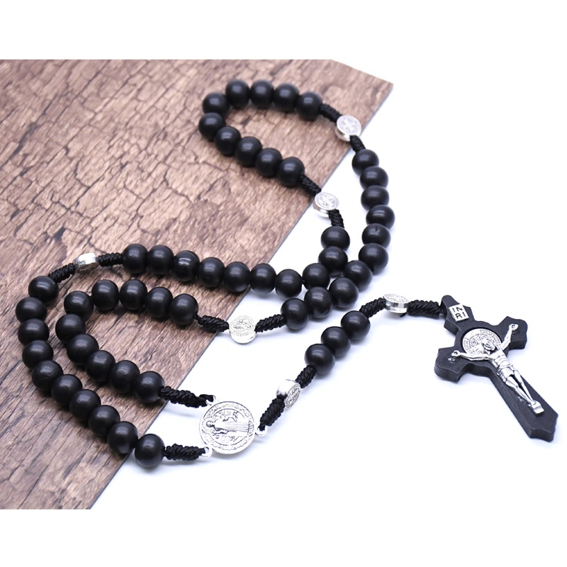 Dây chuyền chuỗi hạt mân côi đen mặt hình thánh giá chúa Jesus