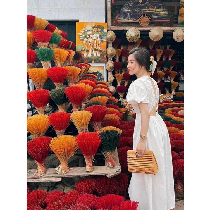 ▫₪♗✨BÁN SỈ✨Đầm maxi trắng đũi tằm 2 lớp tay bồng buộc dây lưng