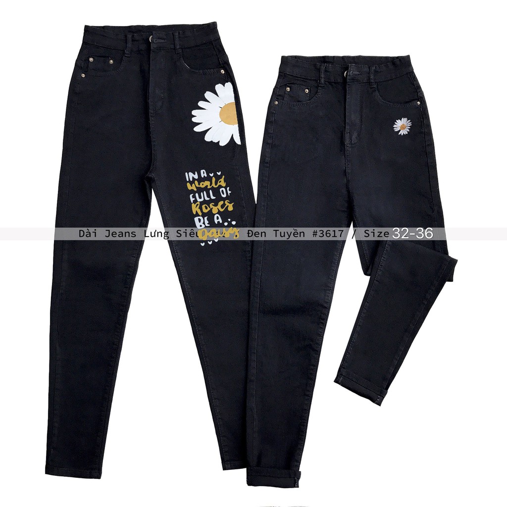 Quần jean dài BIGSIZE đen tuyền in hình hoa cúc chuột mickey, lưng cao trên rốn, co dãn mạnh 2707