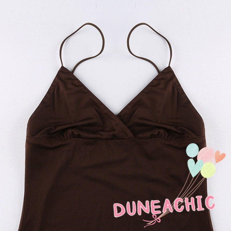 Đầm hai dây DUNEA cổ chữ V màu trơn hở lưng gợi cảm cho nữ