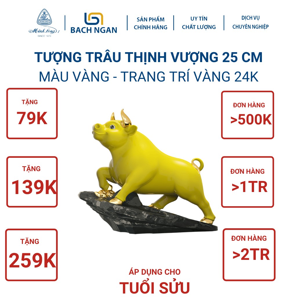 Tượng Trâu Thịnh Vượng nhiều màu  25cm trang trí dát vàng 24k gốm sứ cao cấp Minh Long I