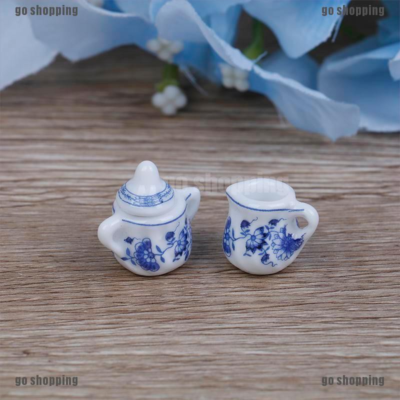 {go shopping}15Pcs 1:12 Dollhouse miniature blue flower tableware porcelain coffee tea cups