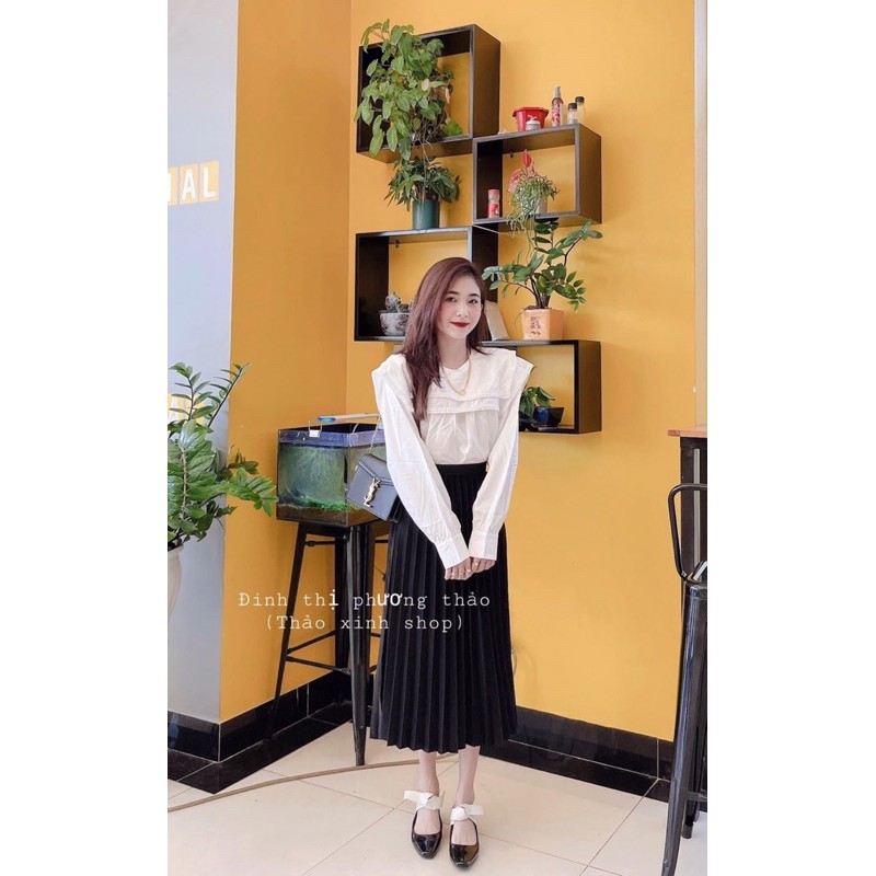 Sét áo sơmi bèo pha ren mix chân váy dập ly dài. Chất lụa đũi bao mềm đẹp. | BigBuy360 - bigbuy360.vn