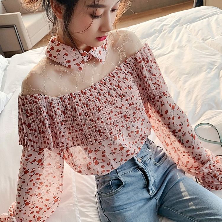 Áo Sơ Mi Chiffon Tay Loe Phối Lưới Họa Tiết Hoa Phong Cách Hàn Quốc Mới Dành Cho Nữ