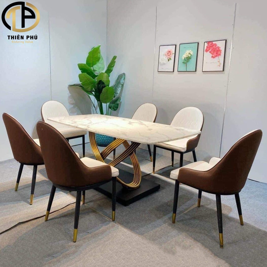 Bộ Bàn Ăn 6 Ghế Cao Cấp Inox Mặt Đá Ceramic P6 Phong Cách Hiện Đại