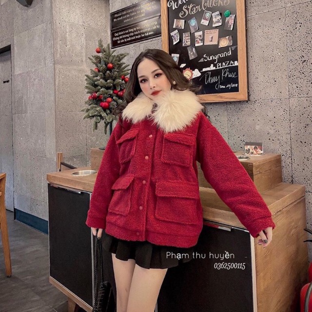Áo dạ đỏ cổ lông
