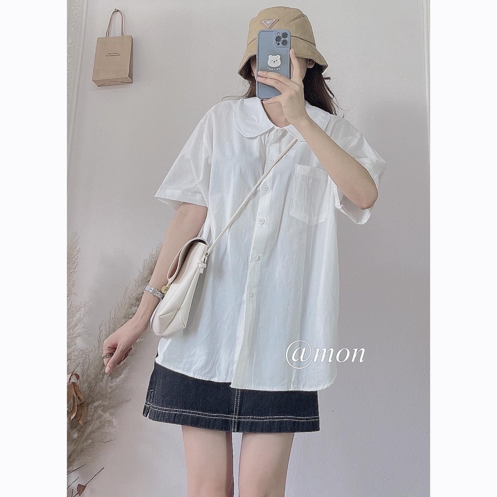 2101646 Áo sơ mi nữ - áo sơ mi cộc tay tiểu thư cổ tròn chất đũi thô mềm mát freesize 2 màu thời trang ulzzang | BigBuy360 - bigbuy360.vn
