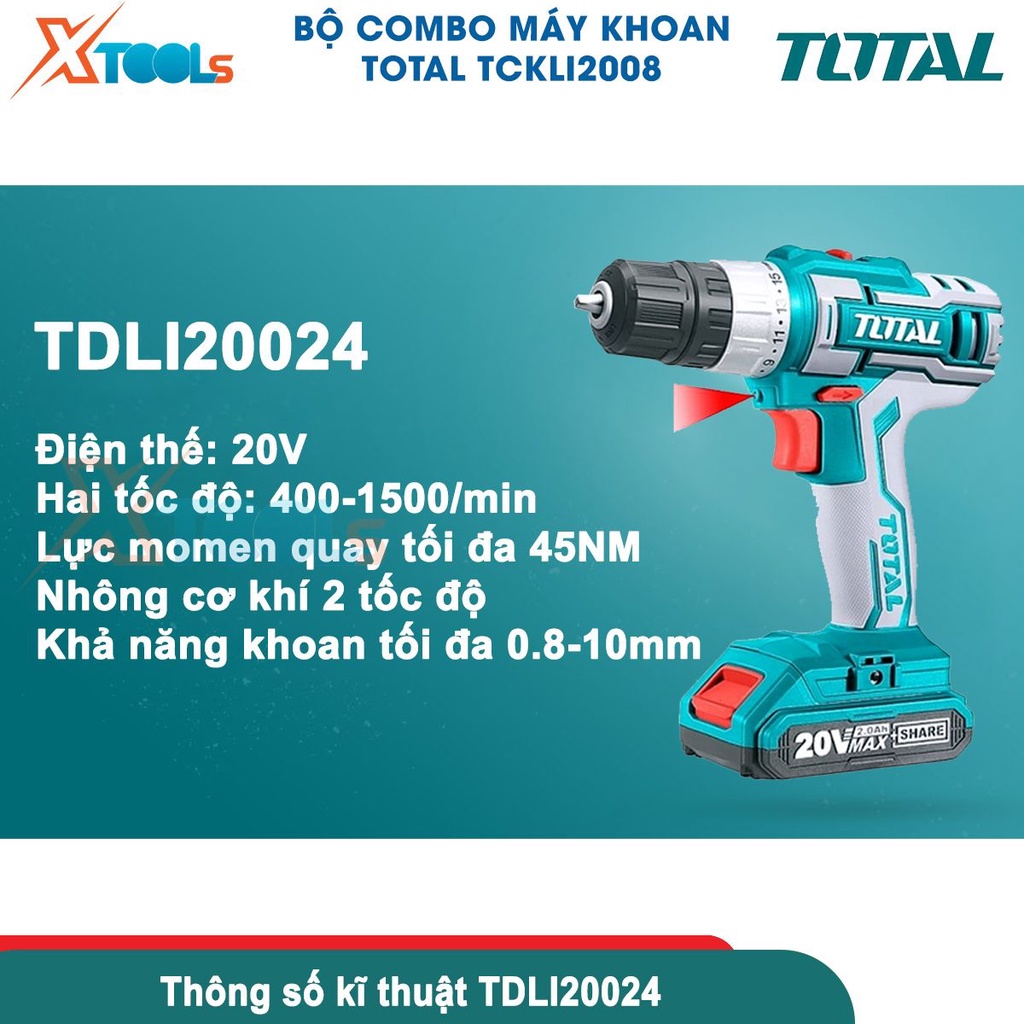 Bộ máy khoan cầm tay TOTAL TCKLI2008 gồm 2 máy khoan pin 20V, kèm 2 pin 2.0Ah 1 sạc, dùng khoan đục gỗ-CHÍNH HÃNG-XTOOLS