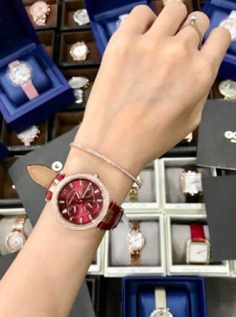 ♥️Đồng Hồ Nữ MICHAEL KORS MK6451 Parker Crystallized Burgundy Dial Multifunction Burgundy Leather Band Watch 33mm