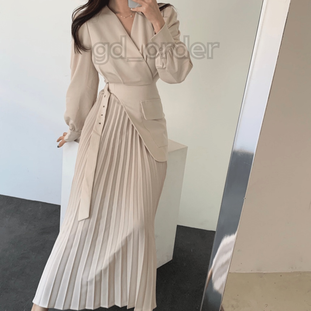 D21|Đầm công sở hàn quốc thiết kế xếp ly thanh lịch cho nữ màu be, đen gd_order