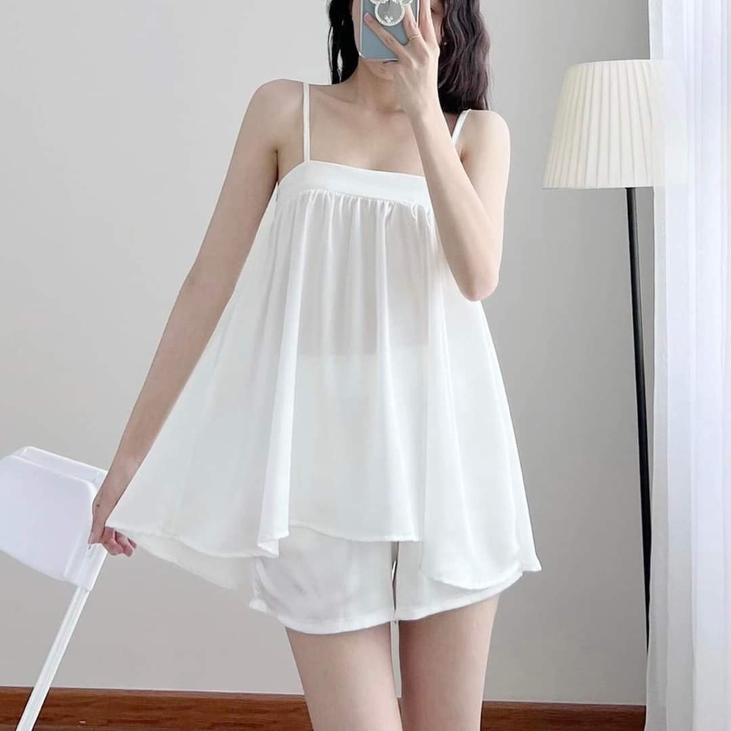 Đồ Ngủ Lụa Latin Hai Dây Dáng Dài, Bộ Ngủ Nhún ngực Bảng To, Quần Đùi Sexy Cao Cấp