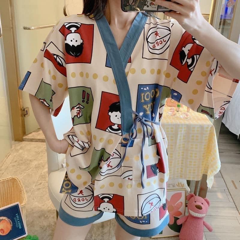 Bộ pijama nữ kèm quần đùi hoạt hình dễ thương có dây buộc - bộ ngủ nữ kimono mặc ở nhà