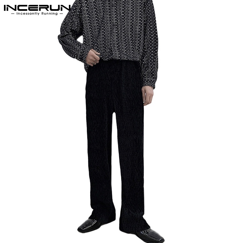Quần dài INCERUN vải corduroy màu trơn dáng rộng thắt lưng co giãn phối xếp ly phong cách retro cho nam