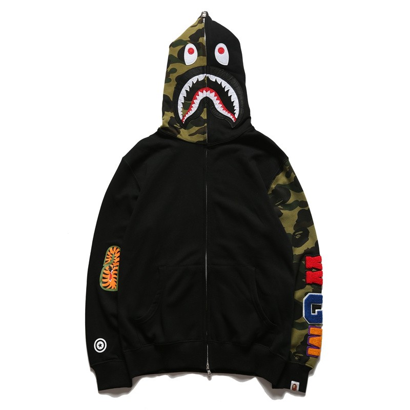 Áo khoác tay dài có khóa kéo in hình đầu cá mập 3D bape