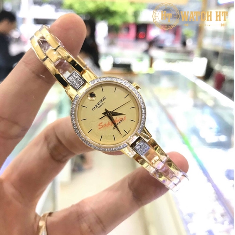 Đồng hồ nữ SUNRISE 9927SA vàng vành hạt full hộp chính hãng, kính Sapphire